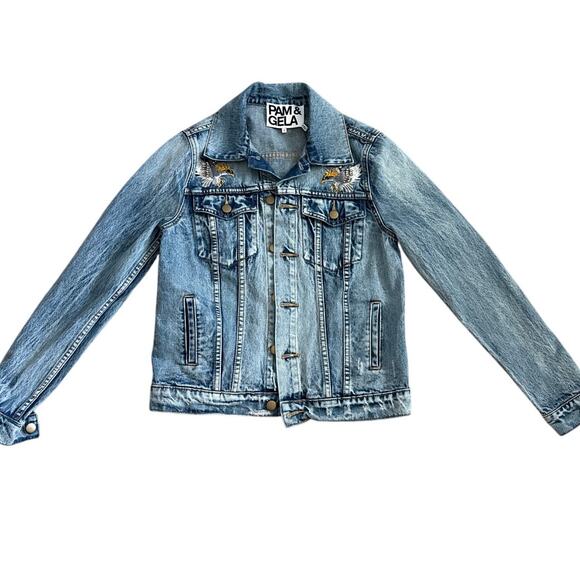 PAM & GELA Statement Denim Embroidered Jacket with Rhinestone Eagles‎ Size Small - Picture 11 of 12